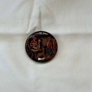 Vintage Round Hand painted Lacquer Brooch with Ancient Motif